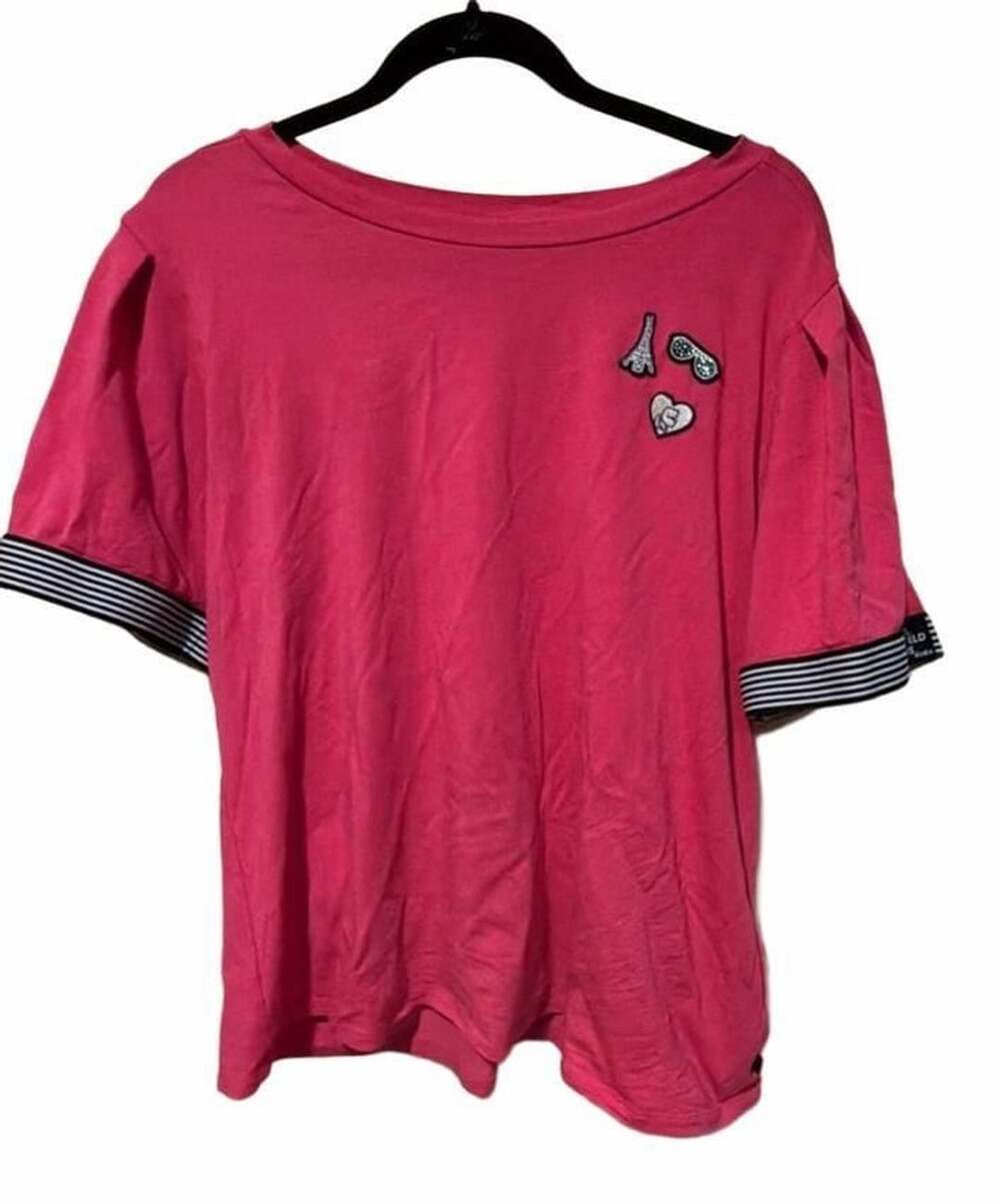 Karl Lagerfeld Paris Pink Short Sleeve Tee With Patches and Striped Cuffs Size X